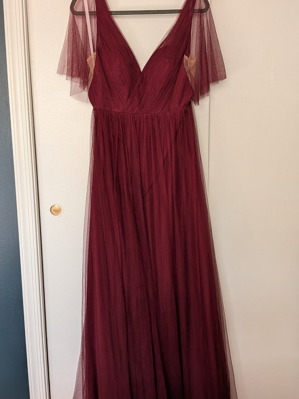 Revelry Burgundy Tulle Maxi Dress with Sheer Cap Sleeves